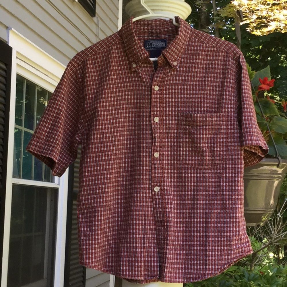 Button down plaid seersucker shirt